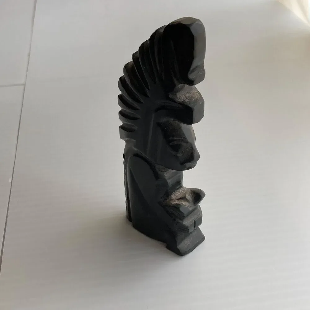 Hand-carved Aztec Head with Headdress Statue Black Obsidian 5 x 2 x 0.75 inches